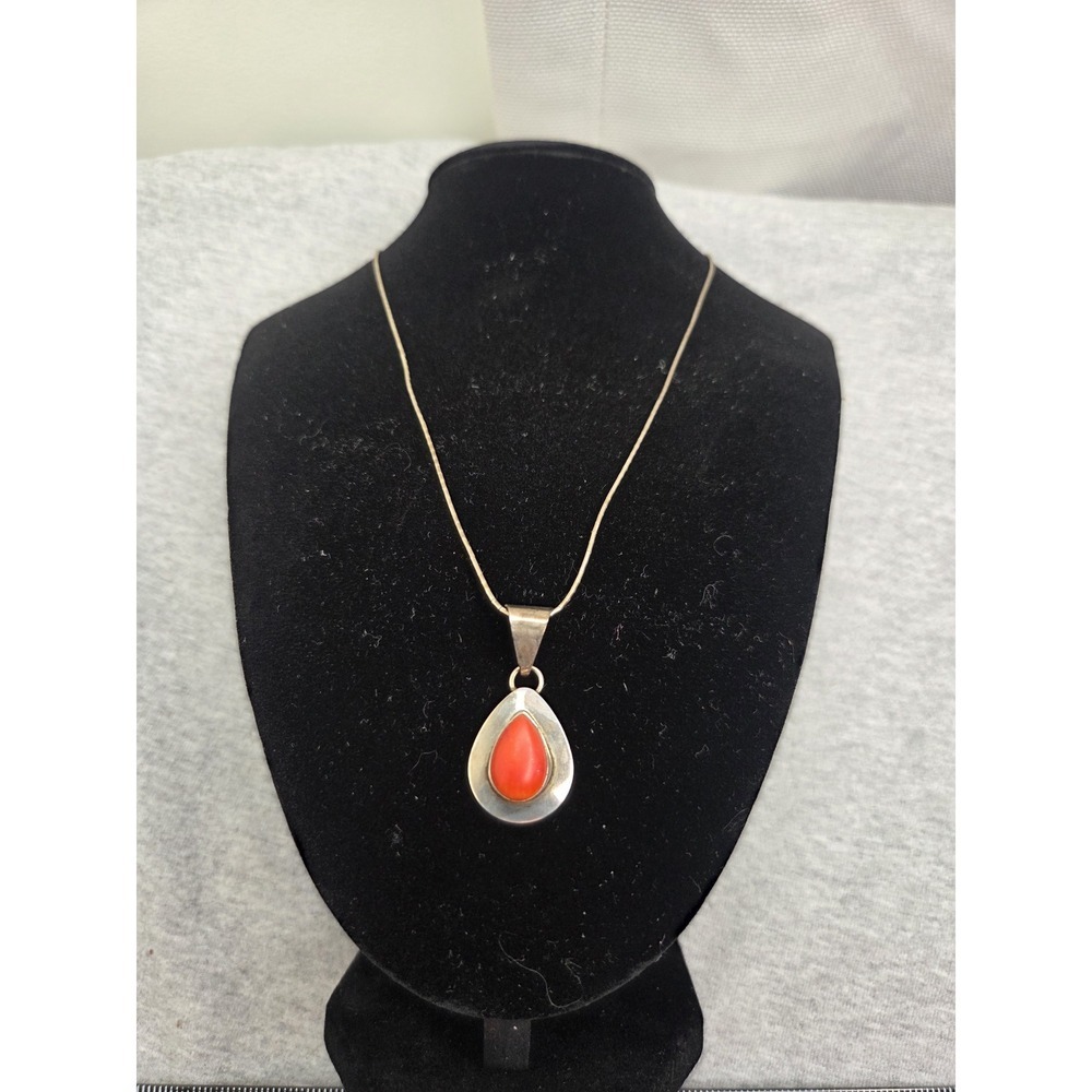 Sterling Silver Coral Necklace Signed Sensa Eustace Zuni Native American